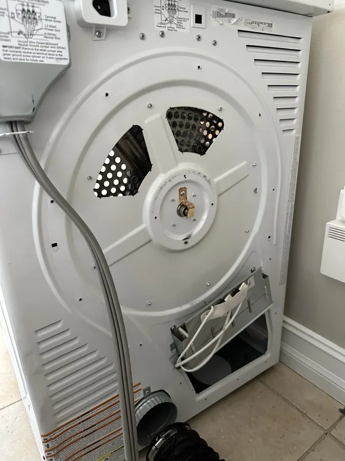 GE dryer heating element replacement with rear panel removed during repair